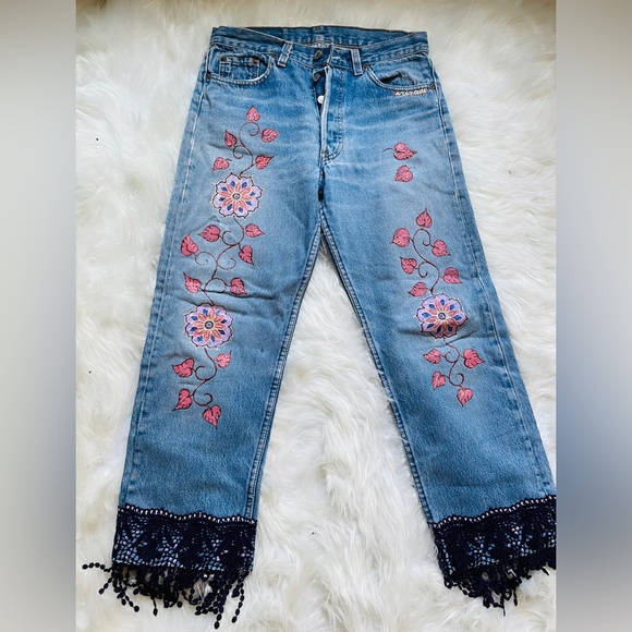 Levi's Denim - Vintage Levi’s-Artist Hand-Painted Jeans With Fringe Details